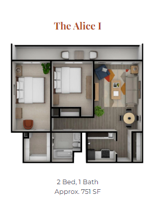 Floor plan for 2 beds, 1 bath, 751 sqft